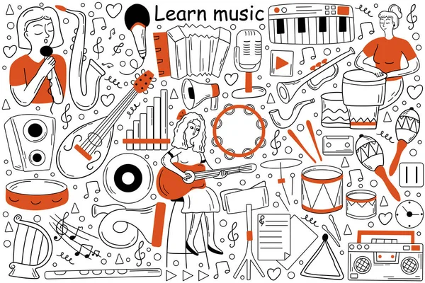 Aprender conjunto doodle música — Vetor de Stock