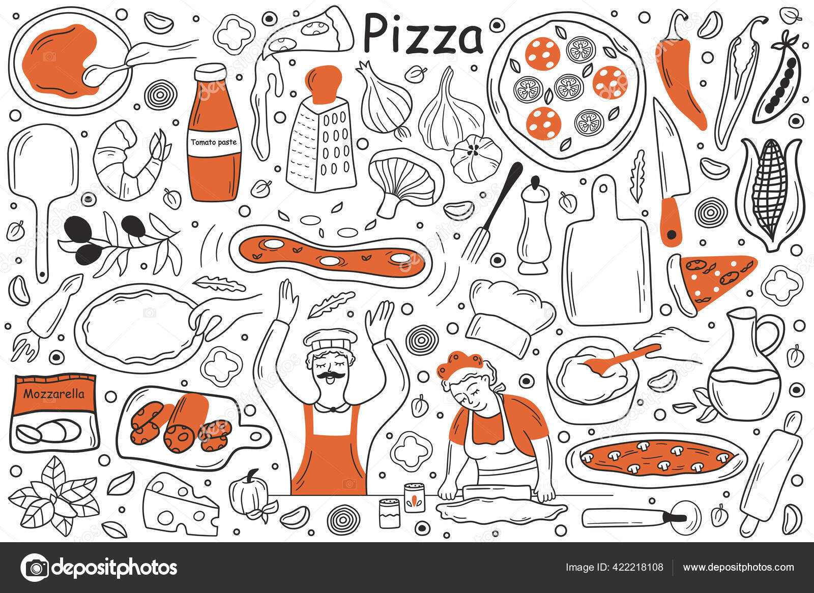 Doodle pizza. Italian food outline sketch, pepperoni mushrooms