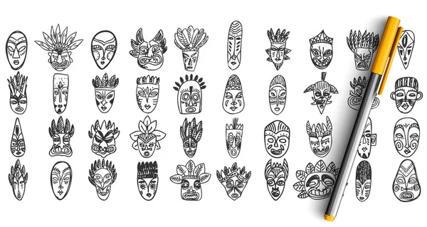 Maskers doodle set — Stockvector