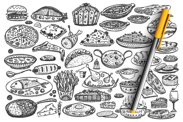 Essen Hand gezeichnet Doodle-Set — Stockvektor