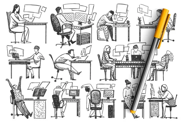 People in office hand drawn doodle set — Stock Vector