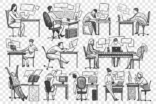 Emberek irodai kézzel rajzolt firka készlet — Stock Vector