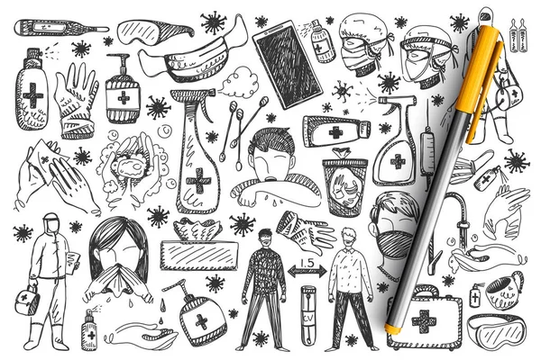 Ensemble de doodle dessiné à la main Coronavirus — Image vectorielle