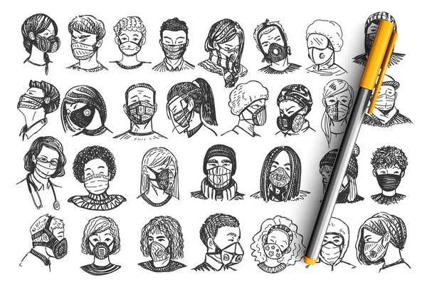 Mensen met maskers hand getekend doodle set — Stockvector