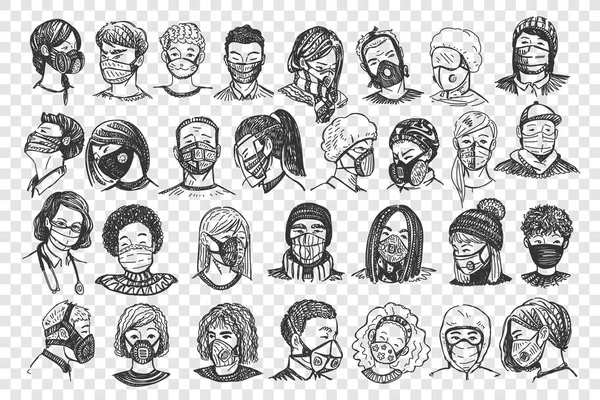 Mensen met maskers hand getekend doodle set — Stockvector