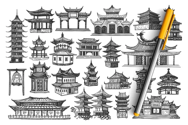 China edifícios mão desenhado conjunto doodle — Vetor de Stock