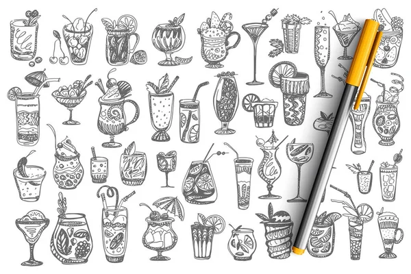 Cocktails ensemble de doodle dessiné à la main — Image vectorielle