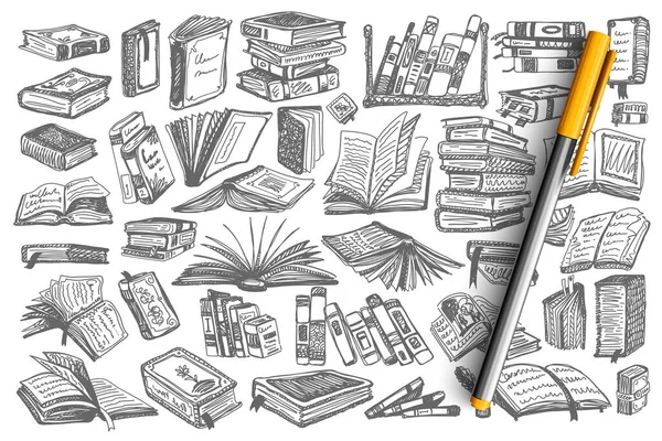 Bibliotheek boeken doodle set collectie — Stockvector