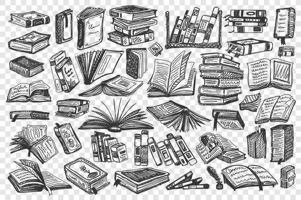 Biblioteca libros doodle set colección — Vector de stock