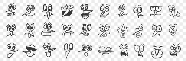 Vogels gezicht met de hand getekend doodle set — Stockvector