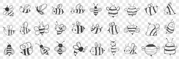 Conjunto de rabiscos desenhados à mão de abelhas — Vetor de Stock