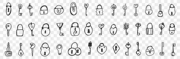 Varios cerraduras y llaves doodle conjunto — Archivo Imágenes Vectoriales