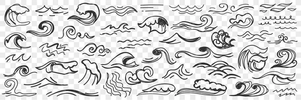 Zeegolven op wateroppervlak doodle set — Stockvector