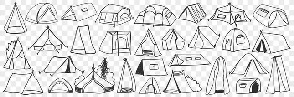 Várias tendas de acampamento conjunto doodle —  Vetores de Stock