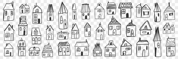 Várias casas e edifícios conjunto doodle —  Vetores de Stock