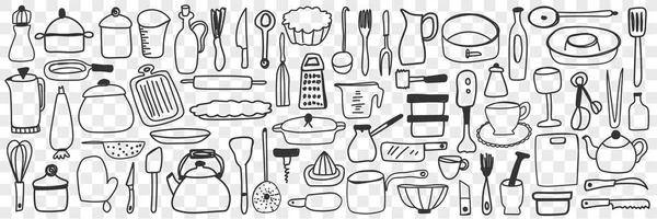 Various dishes and kitchen utensil doodle set — Stock Vector