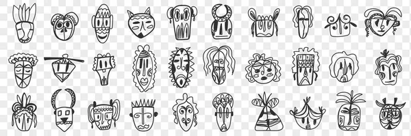 Różne afrykańskie starożytne maski zestaw bazgroły — Wektor stockowy