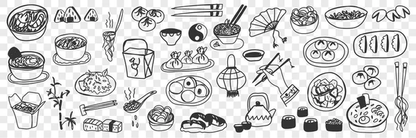 Diverse Japanse en Chinese gerechten doodle set — Stockvector