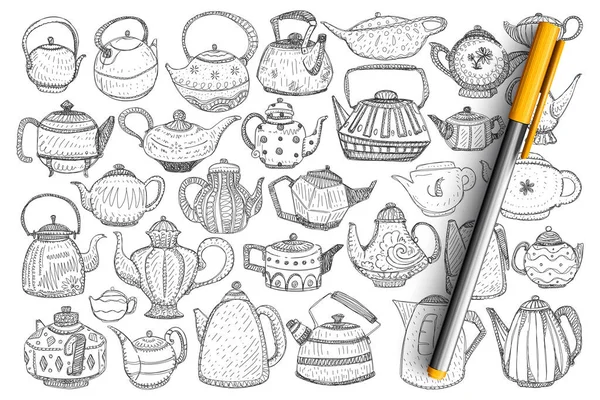 Ensemble de bouilloires et théières doodle — Image vectorielle