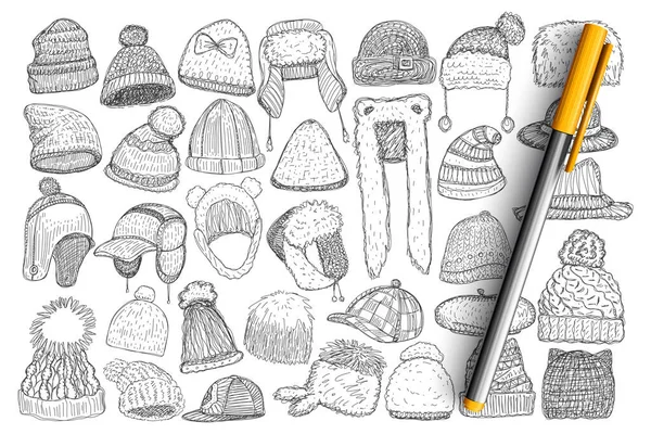 Divers casquettes et chapeaux d'hiver ensemble doodle — Image vectorielle