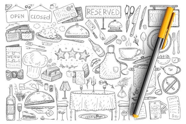 Ensemble de doodle éléments restaurant et café — Image vectorielle