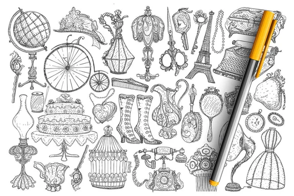Ensemble de doodle accessoires vintage rétro. — Image vectorielle