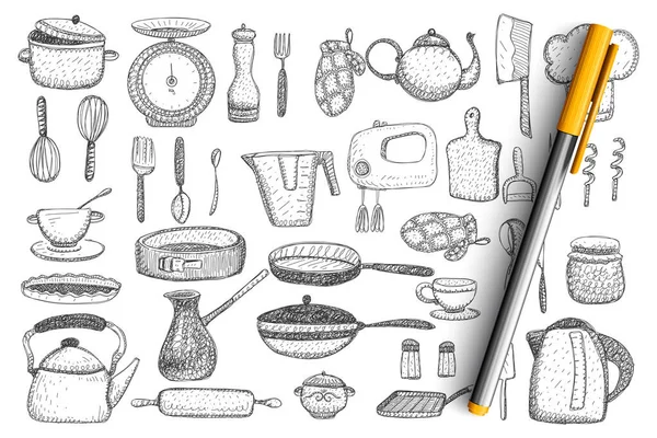 Kitchenware and utensils doodle set — Stock Vector