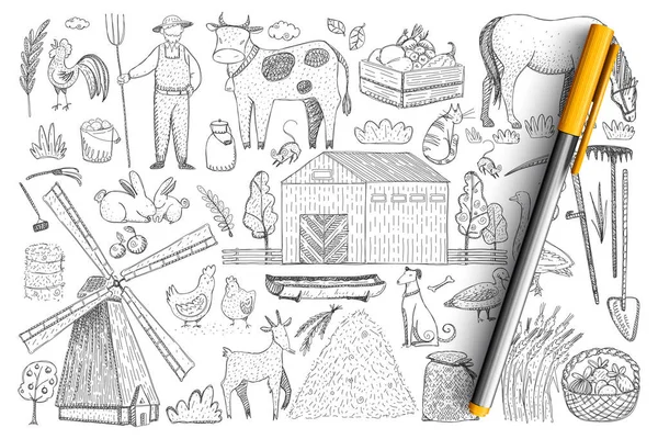 Agriculture and farm doodle set — Stock Vector
