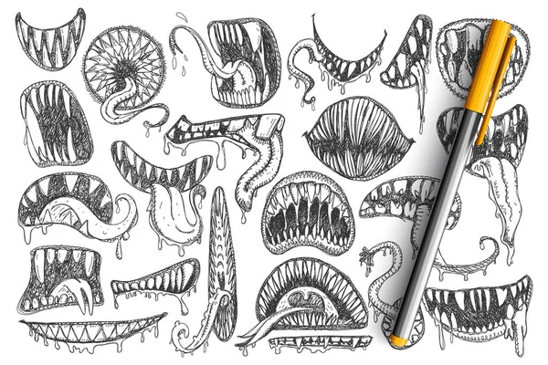 Straszne zęby i usta doodle zestaw — Wektor stockowy