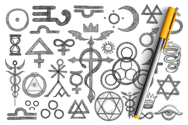 Diverse alchemische symbolen doodle set — Stockvector