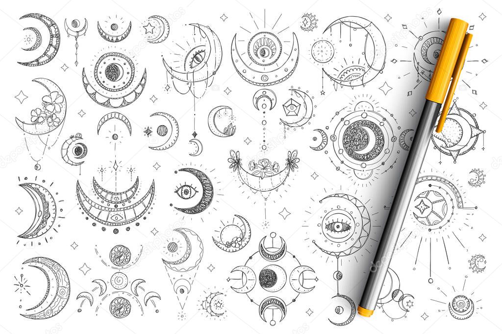 Spiritual and esoteric signs doodle set
