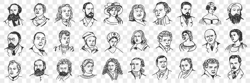 Portraits of middles ages people doodle set