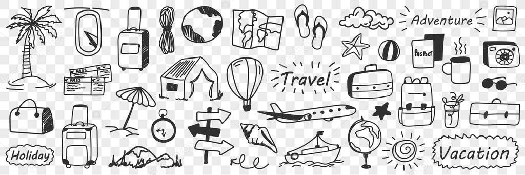 Vacations and adventure doodle set vector