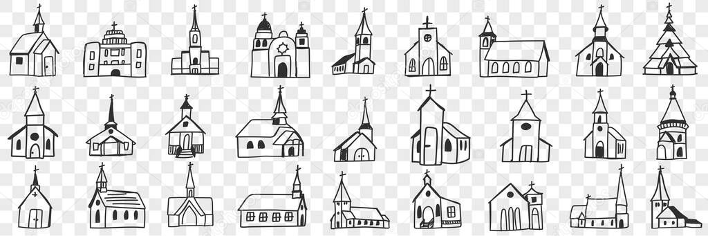 Church facades with towers doodle set