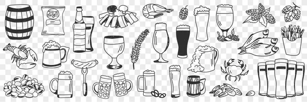 Набор каракулей для пива и закусок — стоковый вектор