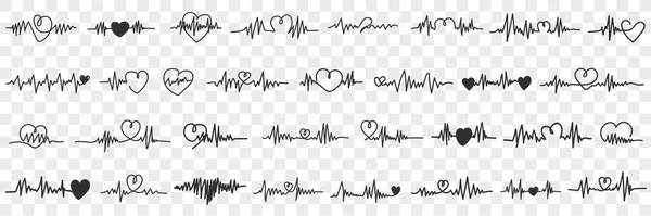 Pengumpulan doodle kardiogram cinta ditata - Stok Vektor