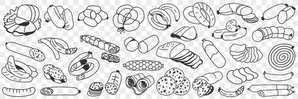 Sabroso juego de salchichas de carne doodle — Archivo Imágenes Vectoriales