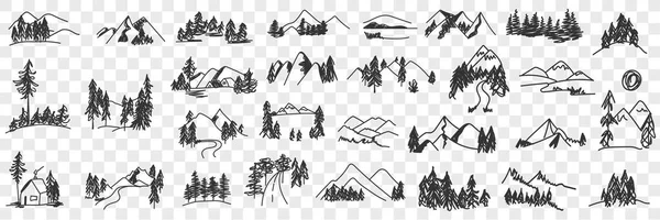 Ορεινά τοπία κοιλάδα doodle σύνολο — Διανυσματικό Αρχείο