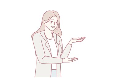 Reklam için boş fotokopi alanı gösteren mutlu genç bir kadın. Gülümseyen kadın iyi bir satış önerisi ya da teklif sunar. Müşteri tavsiyesi. Vektör illüstrasyonu.