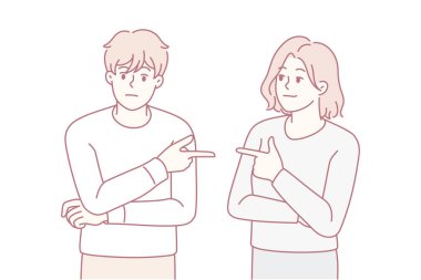 Kavga ya da tartışmada birbirini işaret eden çiftler sorumluluk almaktan kaçınır. İnatçı kadın ve erkek birbirlerini suçluyorlar. İlişki sorunu. Vektör illüstrasyonu.