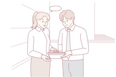 İş adamları, iş görüşlerini ofiste tartıştılar. İş arkadaşları ya da iş arkadaşları kağıt işleri hakkında beyin fırtınası yapıyorlar. Takım çalışması. Vektör illüstrasyonu.