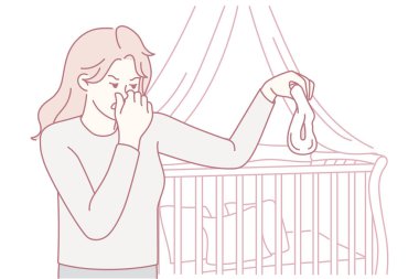 Mutsuz, genç bir anne burnuna kapanır. Bebek bezi tutmaktan tiksinir. Üzgün anne, kokuşmuş çocuk bezinden tiksiniyor. Vektör illüstrasyonu.