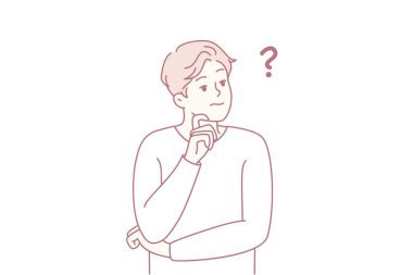 Düşünceli bir şekilde çeneye dokunan bir adam soru işareti işareti ile, iç gözlem modunda değerlendirme ve şüphe dolu bir tablo konsantrasyonu, planlamayı ve belirsizliği yakalar.