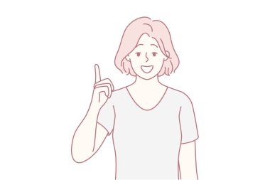 Parlak bir fikir ve kendine güvenen bir gülümseme ile yukarı bakan kadın yaratıcı bir içgörü ve dostça bir iletişim çizgisi çizimi öneren gelişigüzel bir ortam jest ve ifadeyi vurguluyor.,