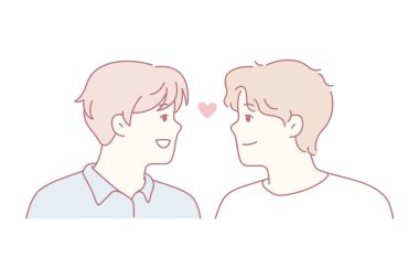 İki genç adam şefkatli bir gülümseme paylaşıyor, yumuşak pastel çizimler samimi bir yüz yüze anı gösteriyor, kalp kalbe.