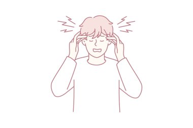 Adam şiddetli acı içinde şakakları sıkıca tutuyor, kafasının etrafında zonklama izleri olan sanat portresi, gözleri kapalı, dişleri kapalı.