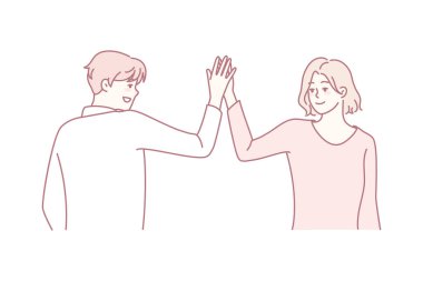 Happy man and woman give high five. Smiling people greeting outdoors. Body language and nonverbal communication. Vector illustration.