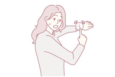 Kendini adamış kadın çıraklar tarafından saat tamiri, titizlikle saat mekanizmalarını özel aletlerle onaran ve odaklanan kadının detaylı çizimi