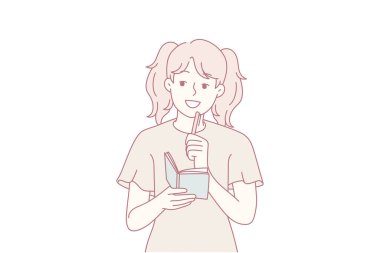 Gülümseyen kız not defterine not alır plan yapar ya da rüya görür. Beyin fırtınası yapan ya da hayal kuran mutlu çocuk el yazısı. Vektör illüstrasyonu.