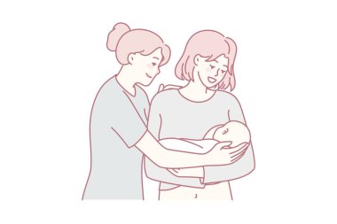 Mutlu hemşire ve genç anne yeni doğmuş bebeği ellerinde tutuyorlar. Gülümseyen anne, bebekle tanışınca doktordan teselli buluyor. Annelik kavramı. Düz vektör illüstrasyonu.